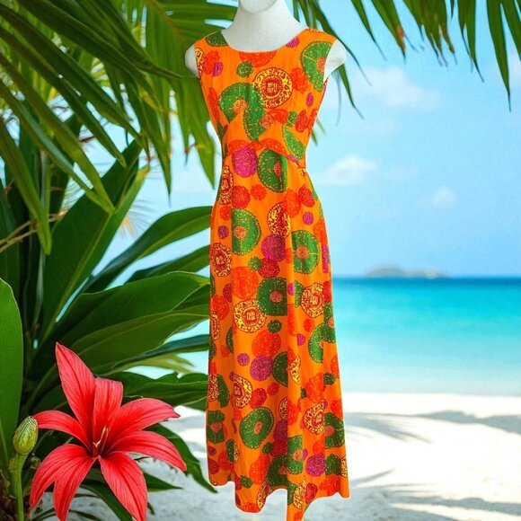 Vintage 70s Hawaii Nei Orange Maxi Hostess Dress Made in Hawaii Size 10 - Picture 1 of 11